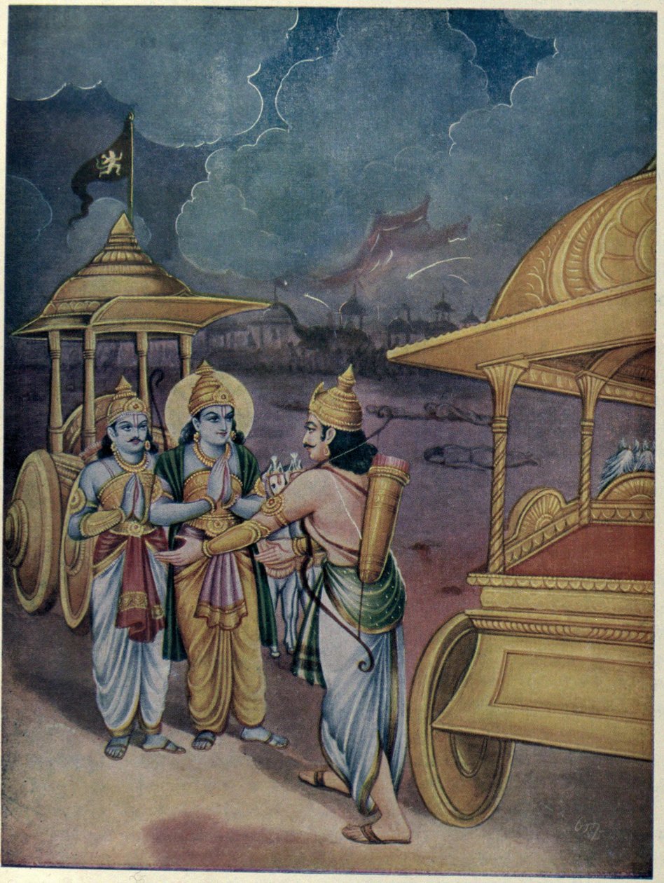 Arjuna i Srikrishna spotykają Yudhistira autorstwa Ramanarayanadatta astri
