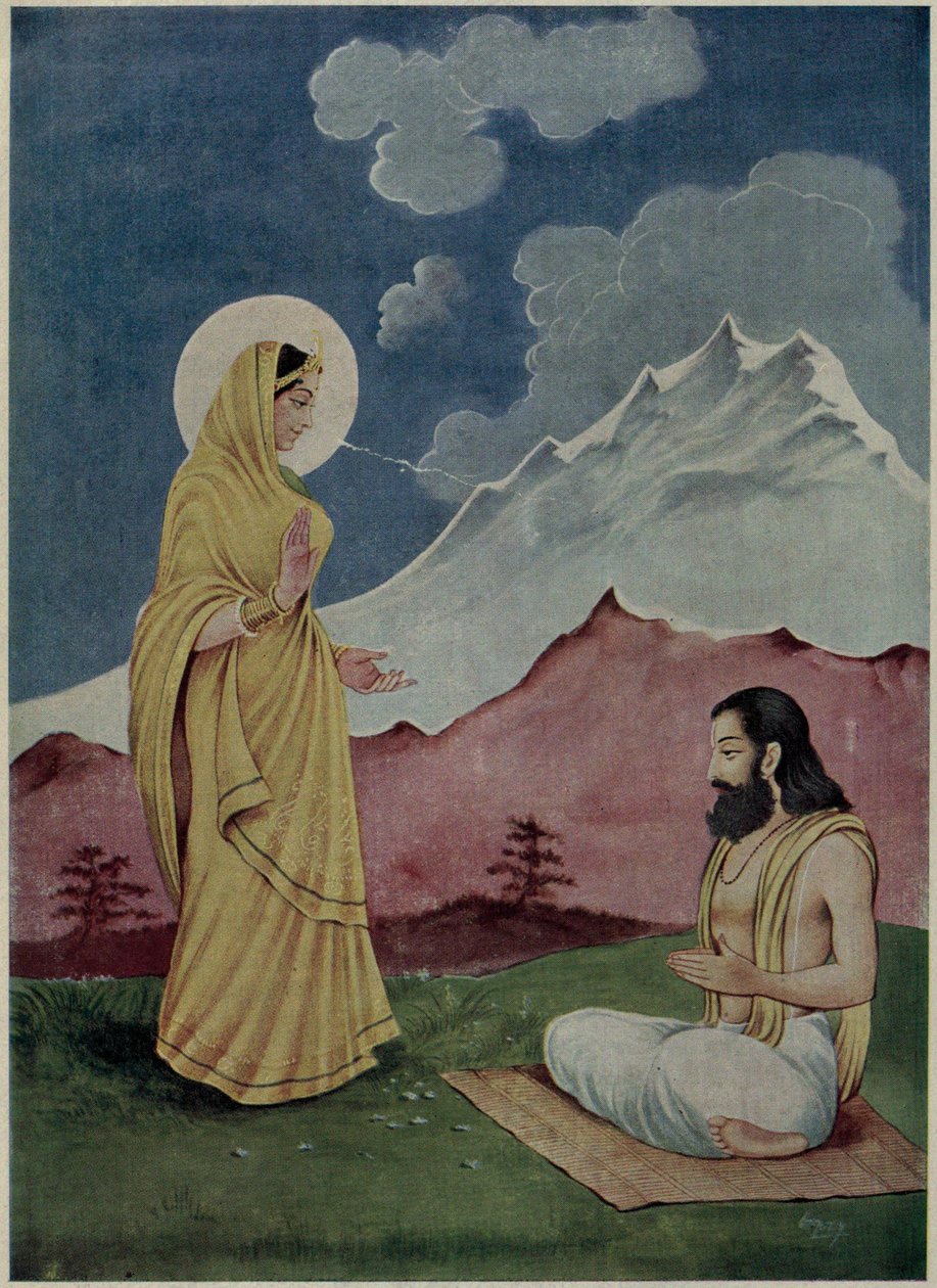 Bogini Gayatri pojawia się przed Kaushika rishi. autorstwa Ramanarayanadatta astri