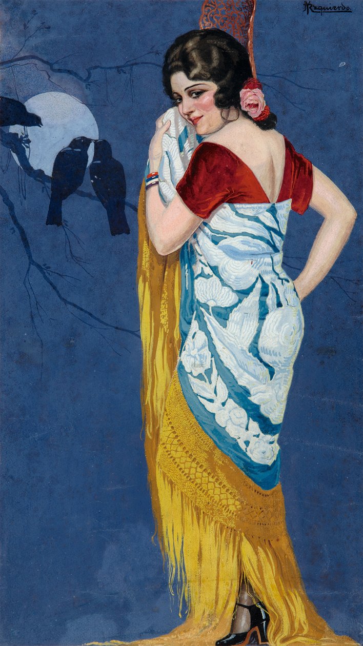 Młoda kobieta uśmiechająca się w świetle księżyca, ok. 1925 (gwasz na papierze) autorstwa Ramón José Izquierdo y Garrido