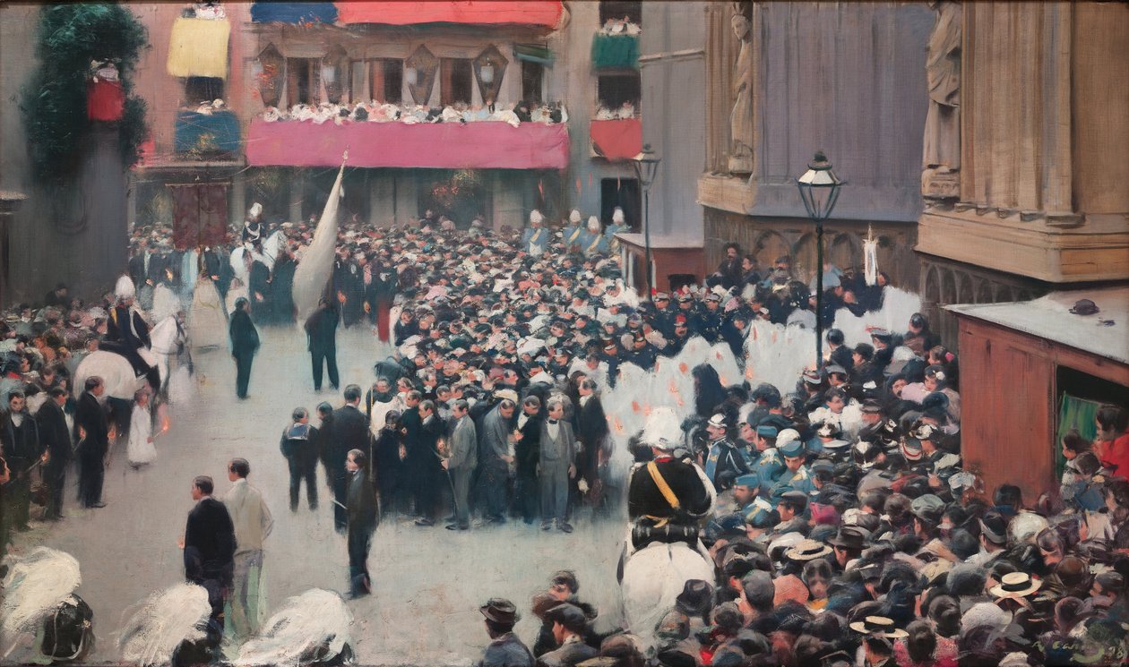 Procesja Bożego Ciała opuszczająca kościół Santa Maria del Mar autorstwa Ramon Casas i Carbo