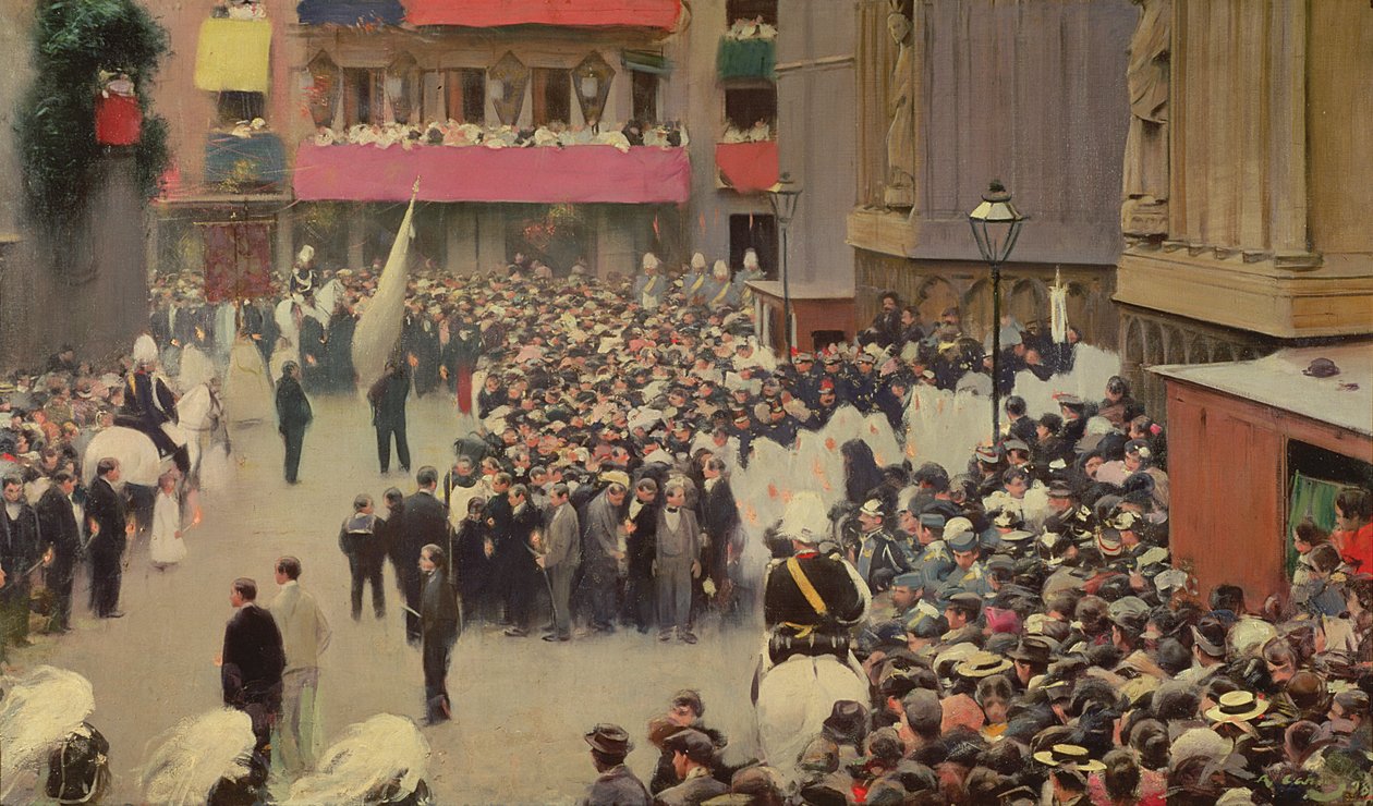 Procesja Bożego Ciała opuszczająca kościół Santa Maria del Mar, 1898 autorstwa Ramon Casas i Carbo