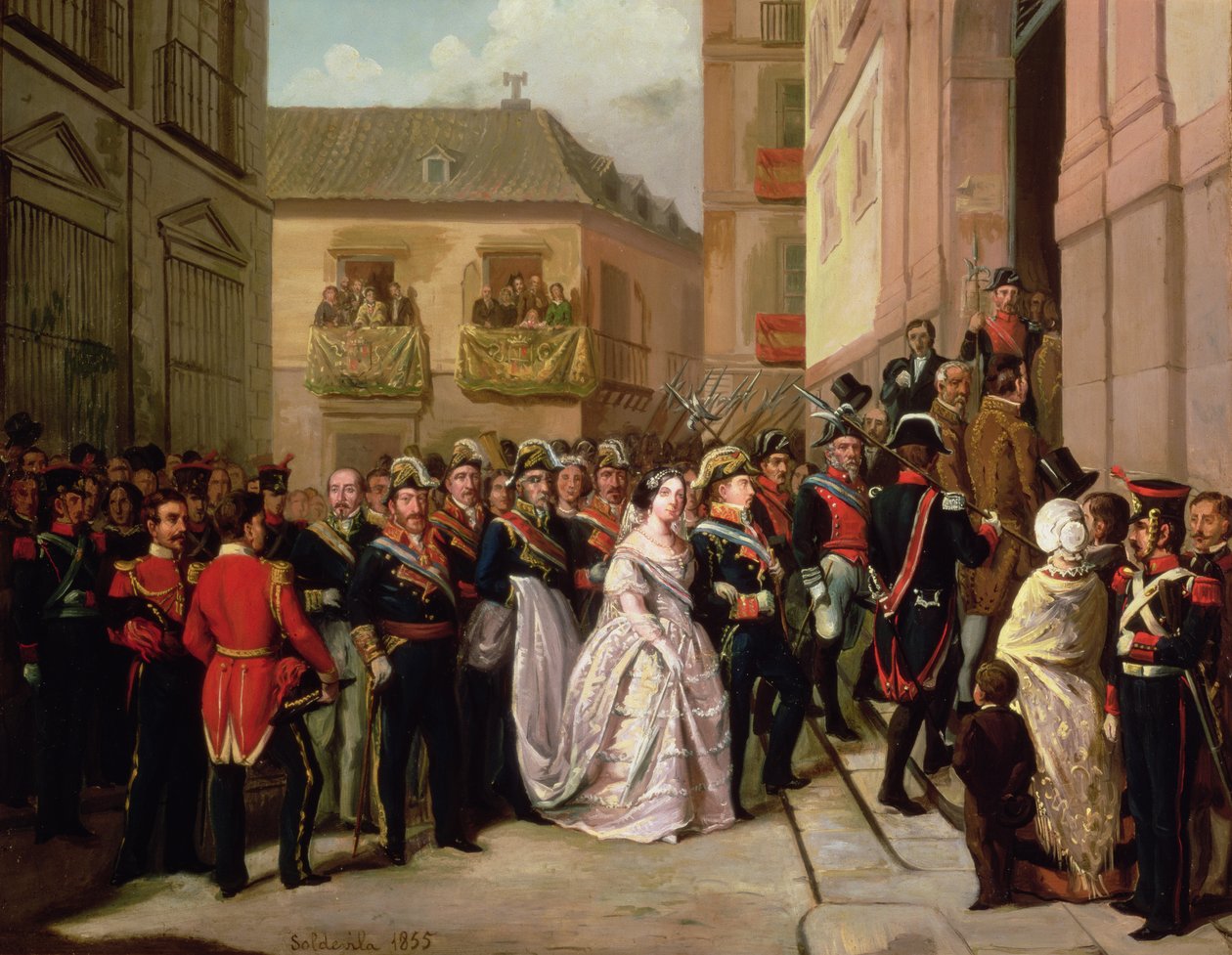 Izabela II Hiszpańska (1830-1904) i jej mąż Francisco de Assisi zwiedzają kościół Santa Maria autorstwa Ramon Soldevila Trepat