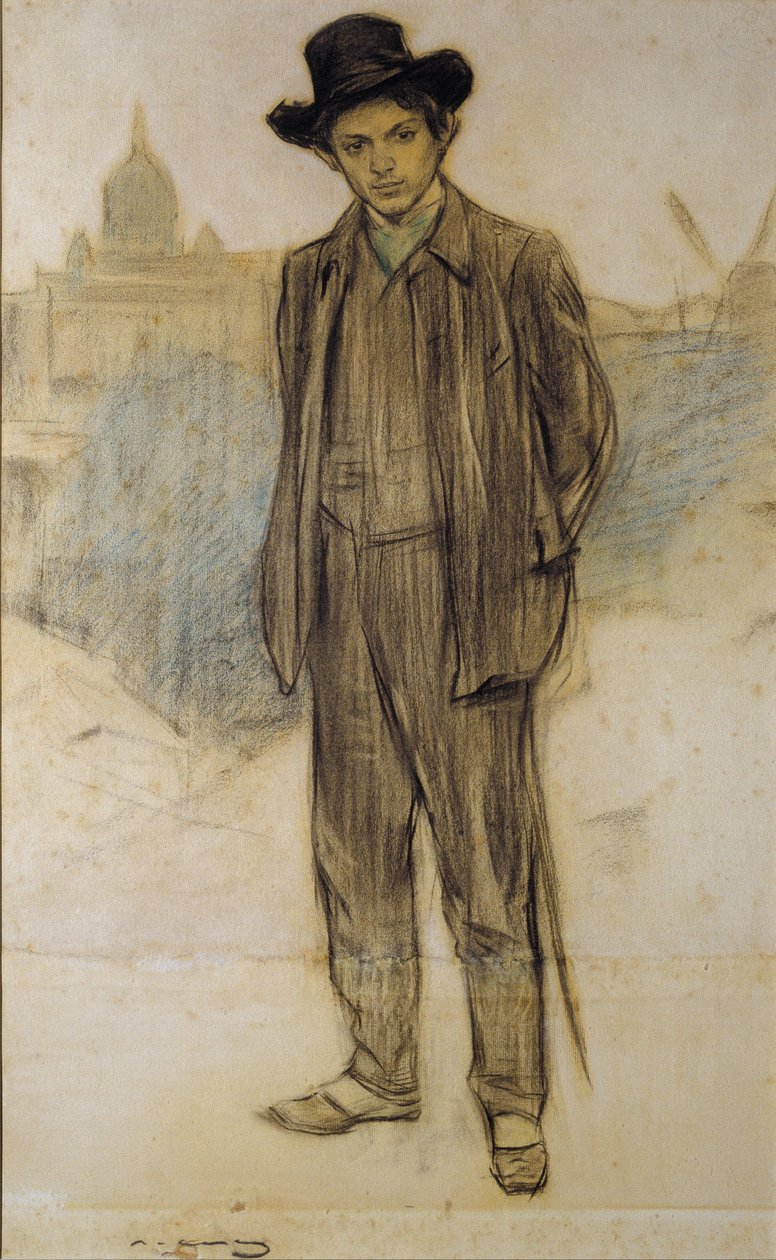 Portret Pabla Picassa - Dzieło Ramona Casasa (1866-1932) - c. 1900 - Pastel na papierze - 69x44,5 - Narodowe Muzeum Sztuki Katalonii, Barcelona autorstwa Ramón Casas