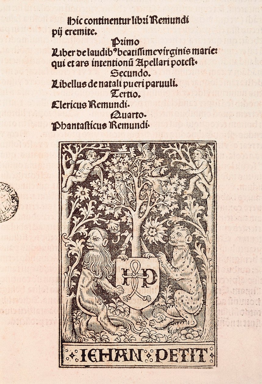 Strona kodeksu „De Laudibus Beatissimae Virginis Mariae” Ramona Llulla (1235-1315), przedstawiająca dwa lwy trzymające herb drukarza Jehana Petita autorstwa Ramon Llull