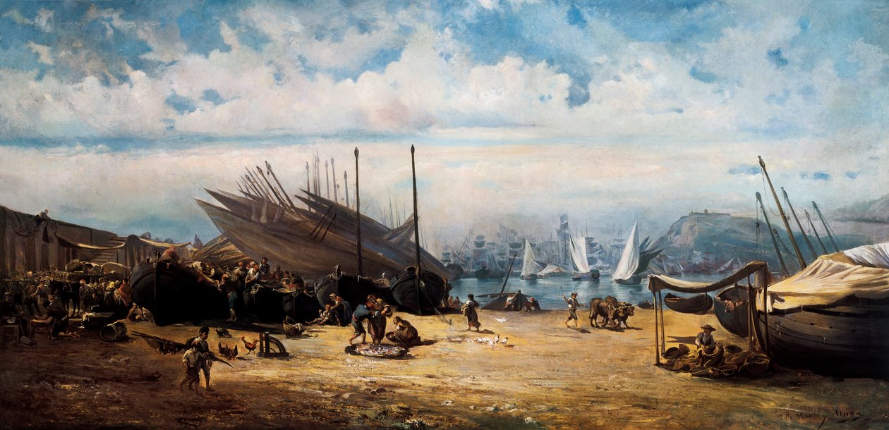 Barceloneta (centralna dzielnica Barcelony). Obraz Ramona MARTI i ALSINA (1826-1894) autorstwa Ramón Martí Alsina