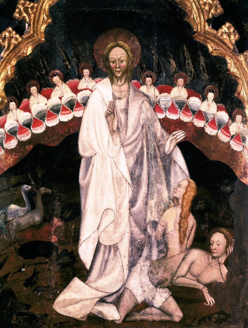 Stworzenie świata, poniżej stworzenie Ewy, Fragment ołtarza kościoła San Sebastian de Guimera. Rempe na drewnie – Ramon de Mur (zm. 1435) 1402-1412. Muzeum Biskupów im. Vic. Katalonia Hiszpania autorstwa Ramon de Mur