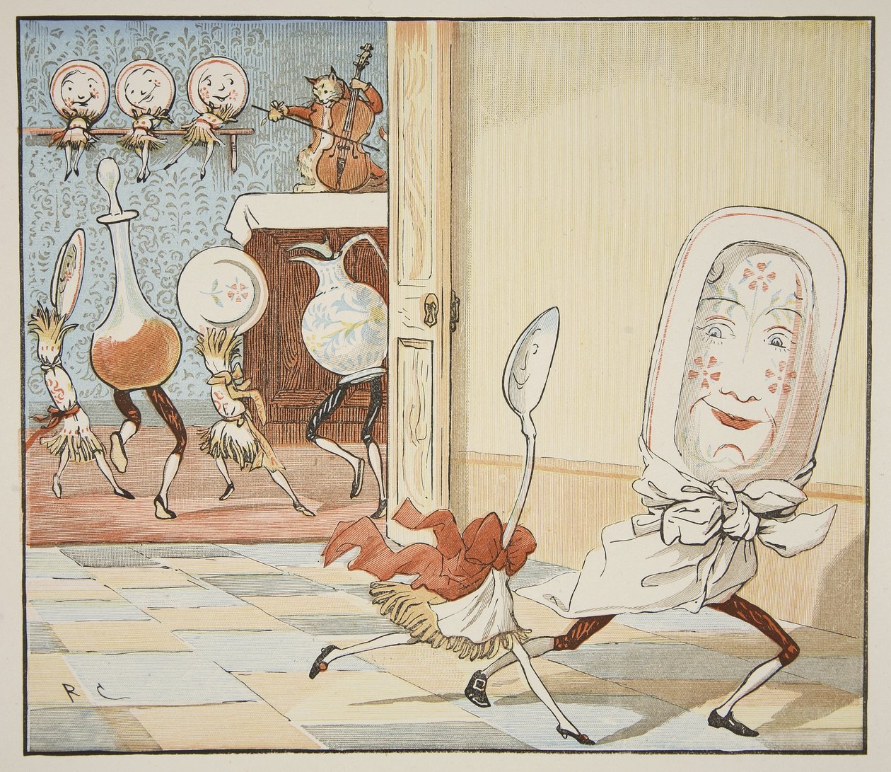 „I naczynie uciekło z łyżką”, 1882 (pióro i atrament, gwasz i toaleta na papierze) autorstwa Randolph Caldecott