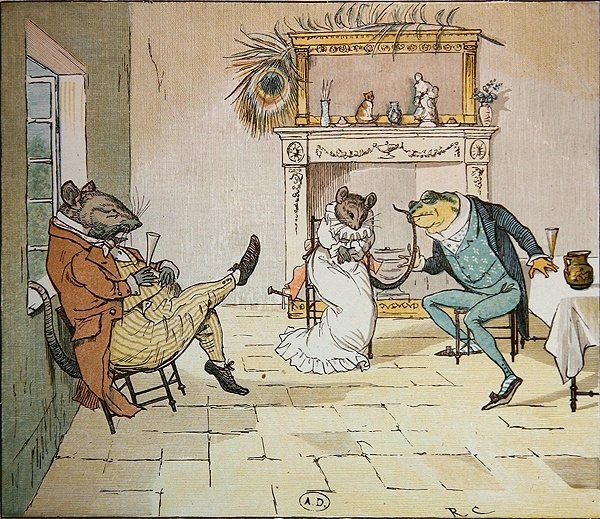 Proszę, panie żabo, czy da nam pan piosenkę?, ilustracja z A Frog Who Would a Wooing Go, ok. 1900 (zob. też 8465) autorstwa Randolph Caldecott