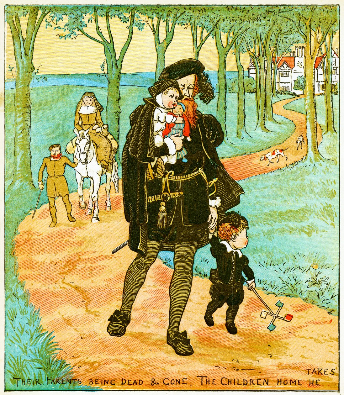 „Rodzice nie żyją, a dzieci zabiera do domu”, ilustracja do filmu Babes in the wood, 1885 autorstwa Randolph Caldecott