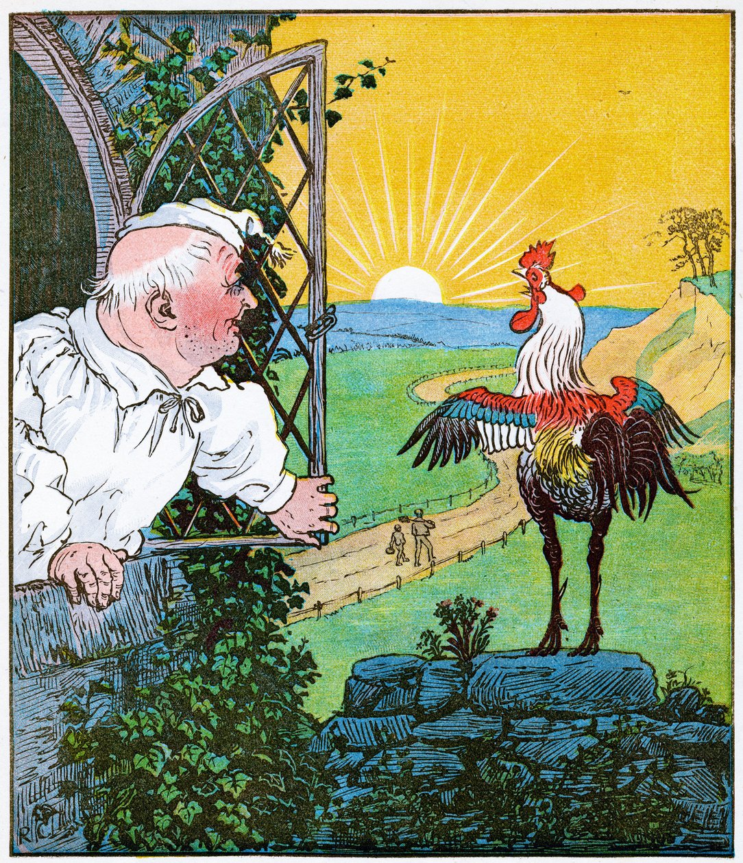 To jest kogut, który zapiał rano, który obudził sędziego całego i ogolonego, ilustracja z "Domu, który zbudował Jack", 1896 r. autorstwa Randolph Caldecott