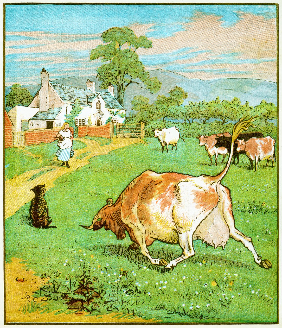 To krowa z pogniecionym rogiem, która podrzuciła psa, ilustracja do Domu, który zbudował Jack, 1878 autorstwa Randolph Caldecott