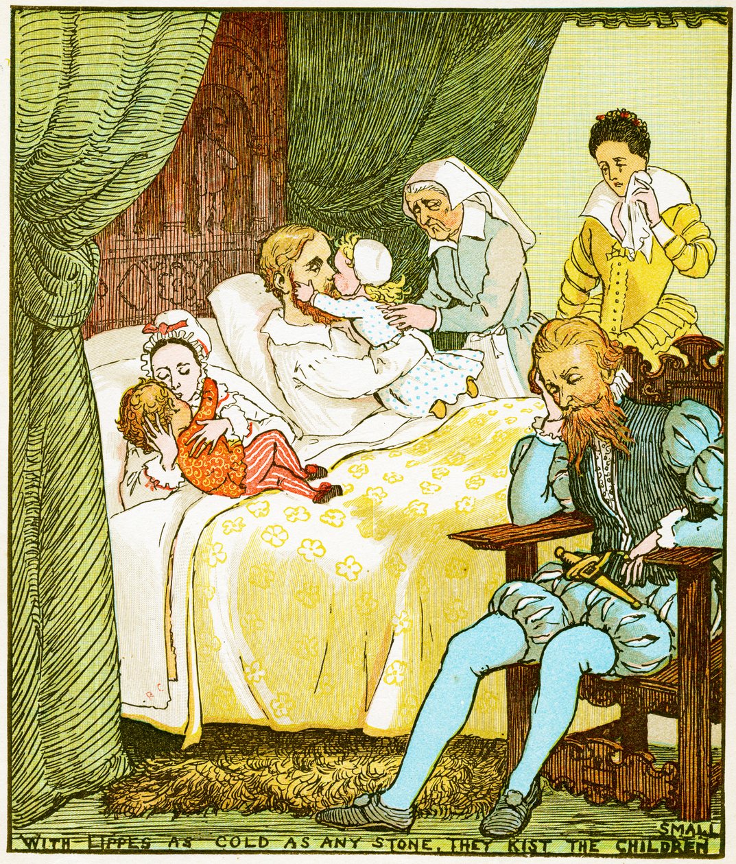 Z ustami tak zimnymi jak kamień, całują dzieci małe, ilustracja do Babes in the wood, 1885 autorstwa Randolph Caldecott