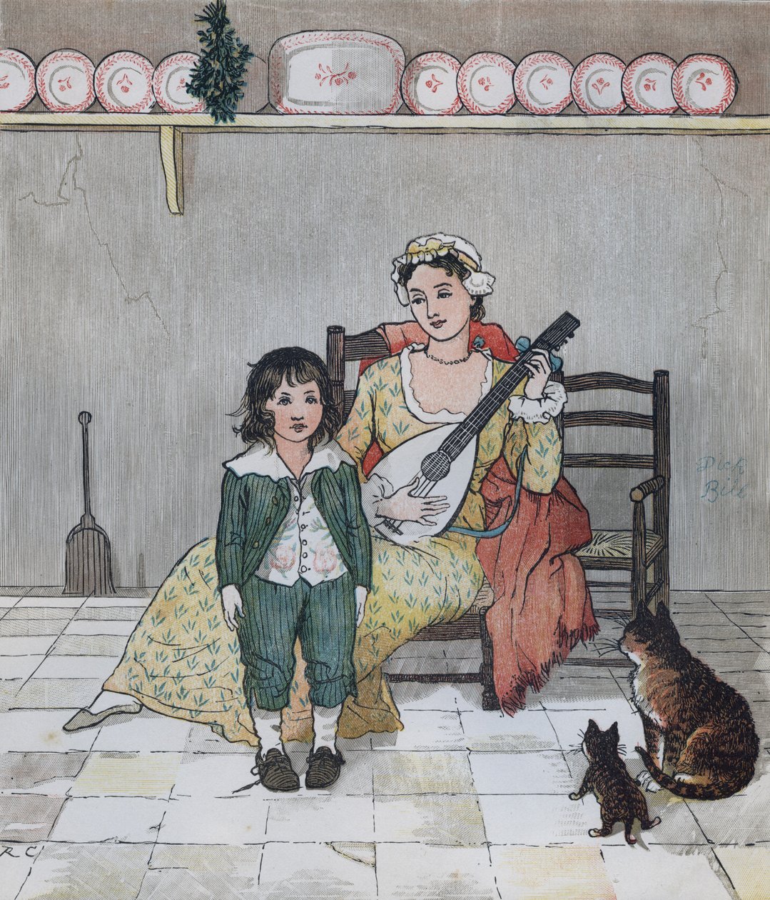 Elegia na śmierć wściekłego psa” Olivera Goldsmitha. Mistrz Bill Primrose przygotowuje się do zaśpiewania historii. Ilustracja autorstwa Randolpha Caldecotta autorstwa Randolph Caldecott