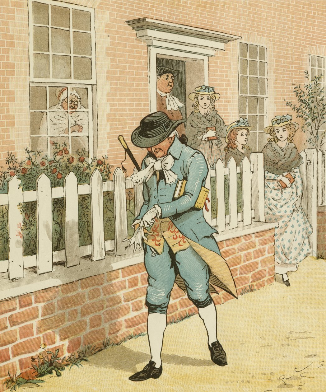 Elegia na śmierć wściekłego psa” Olivera Goldsmitha. Dobry człowiek z Islington udający się do kościoła. Ilustracja autorstwa Randolpha Caldecotta autorstwa Randolph Caldecott