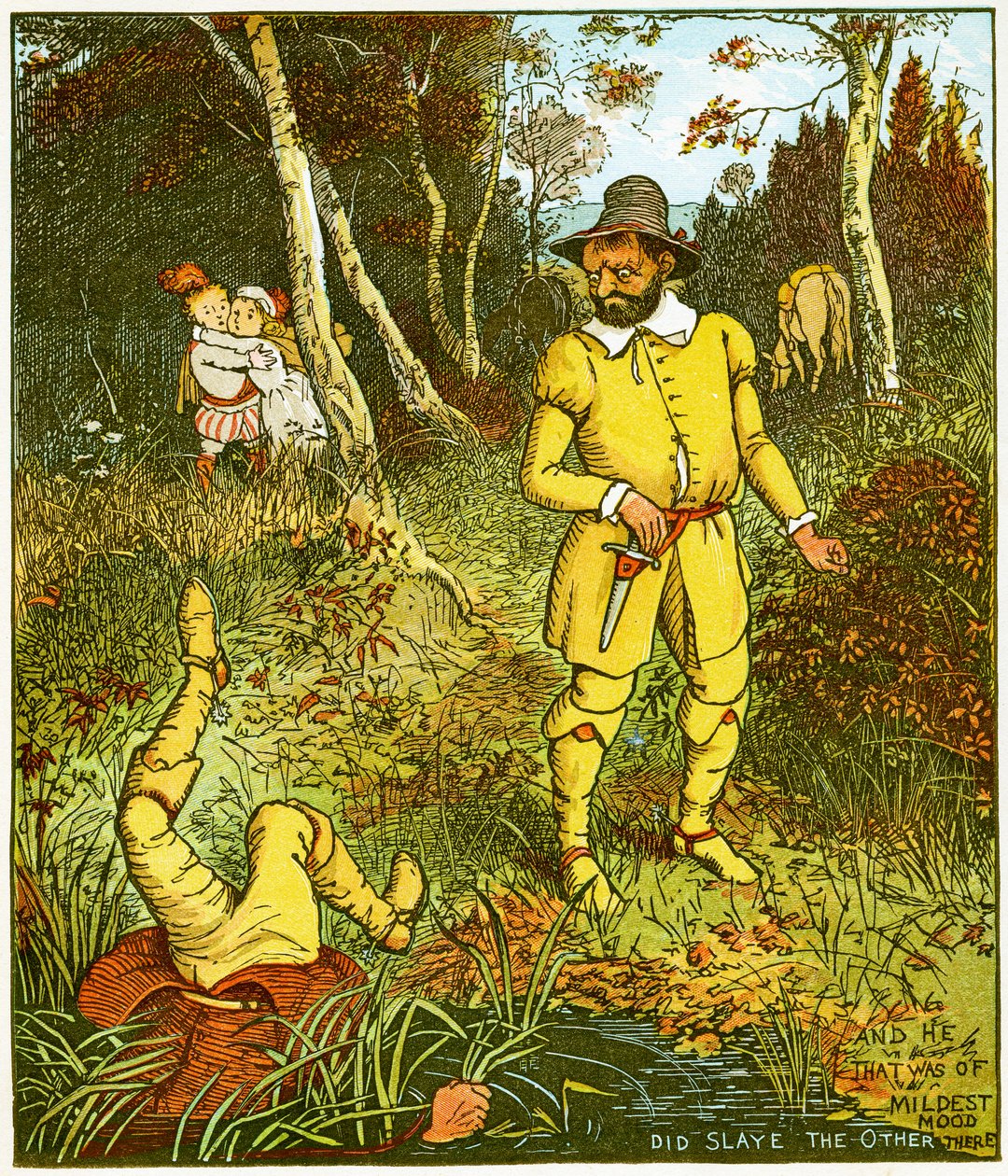 „A ten, który był w najłagodniejszym nastroju, zabił tam drugiego”, ilustracja z „Babs in the wood”. autorstwa Randolph Caldecott