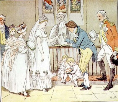 „I bardzo nierozważnie poślubiła fryzjera” z „Wielkiego Panjandrum”, wyd. Frederick Warne & Co. (kolorowy grawerunek) autorstwa Randolph Caldecott