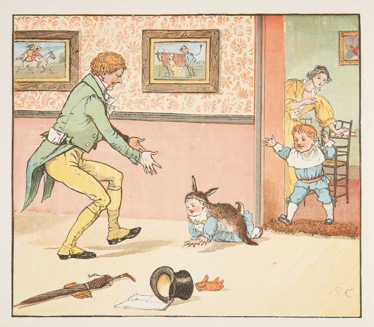 Bunting Baby owinięty w skórę królika, z książki z obrazkami Hey Diddle Diddle, pub.1882 (kolor grawerowany) autorstwa Randolph Caldecott