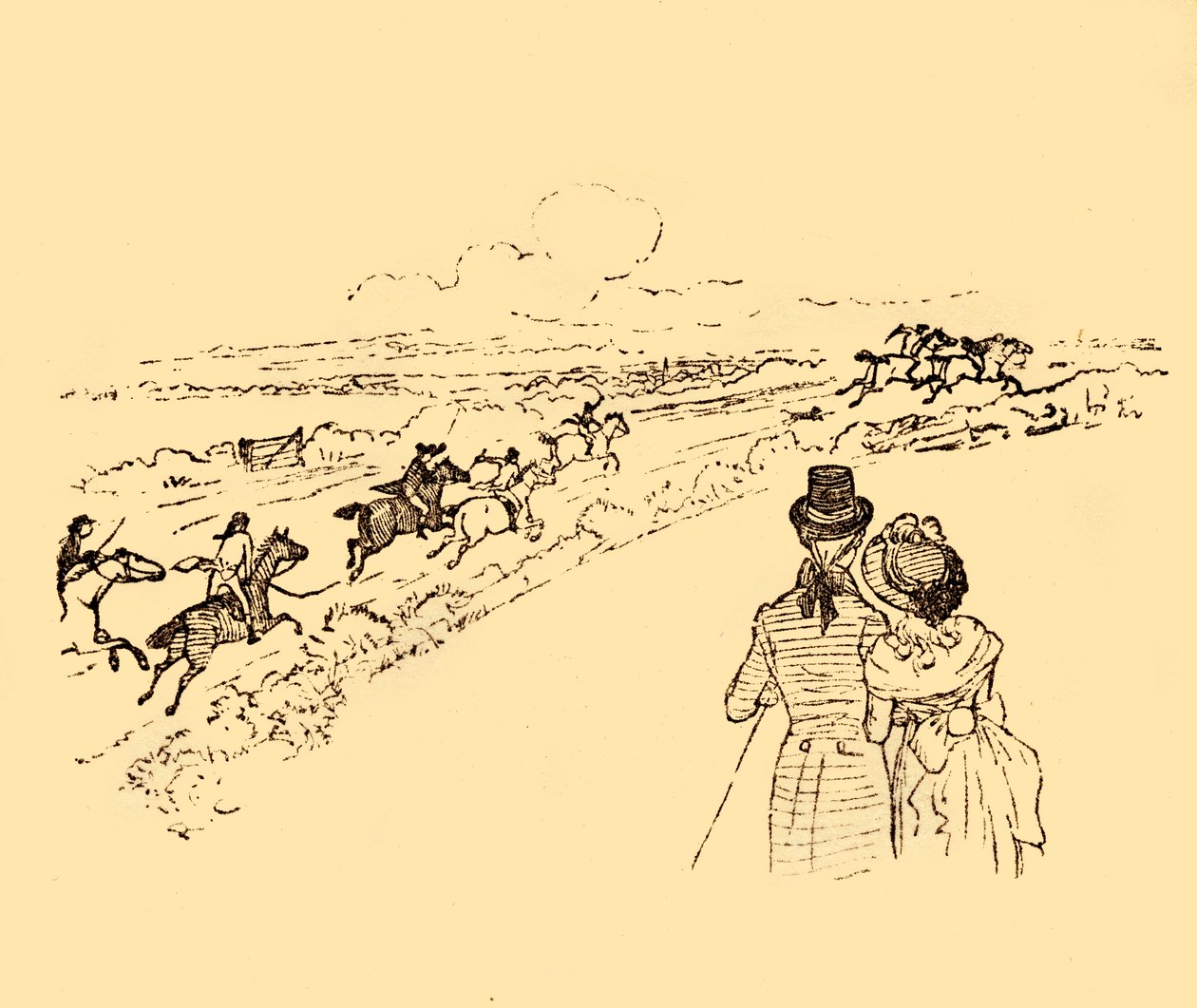 Przechodnie patrzą, jak John Gilpin jest ścigany przez wieś, 1878, c1918. autorstwa Randolph Caldecott