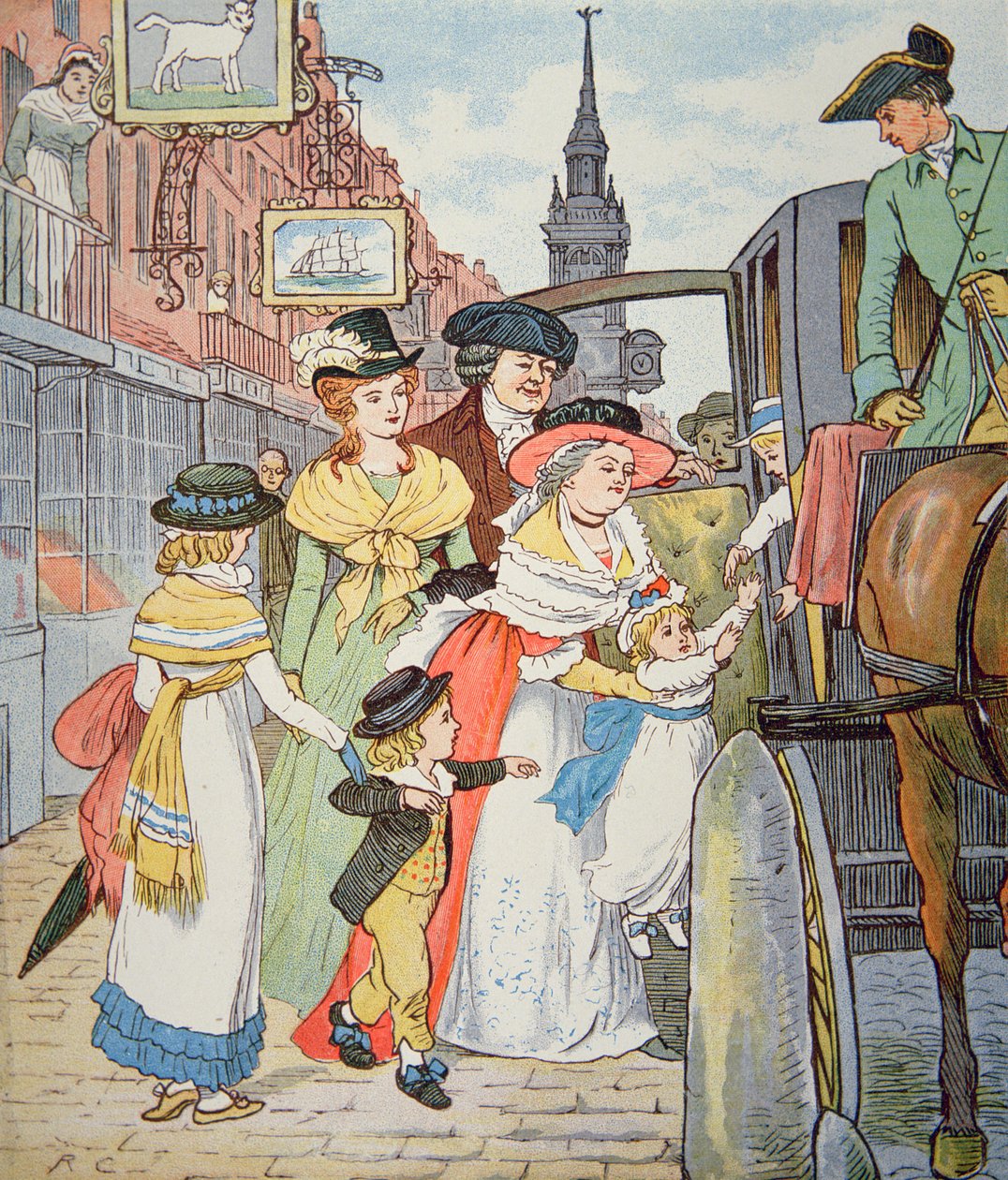 Życie rodzinne w kolonialnej Ameryce - Scena uliczna w Bostonie (akwarela na papierze) autorstwa Randolph Caldecott