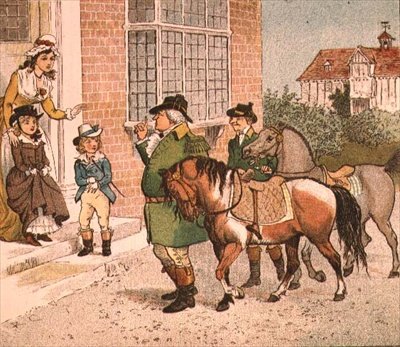 Ilustracja z filmu Jeździć na koniu do Banbury Cross (Przynoszenie koni dzieciom) autorstwa Randolph Caldecott