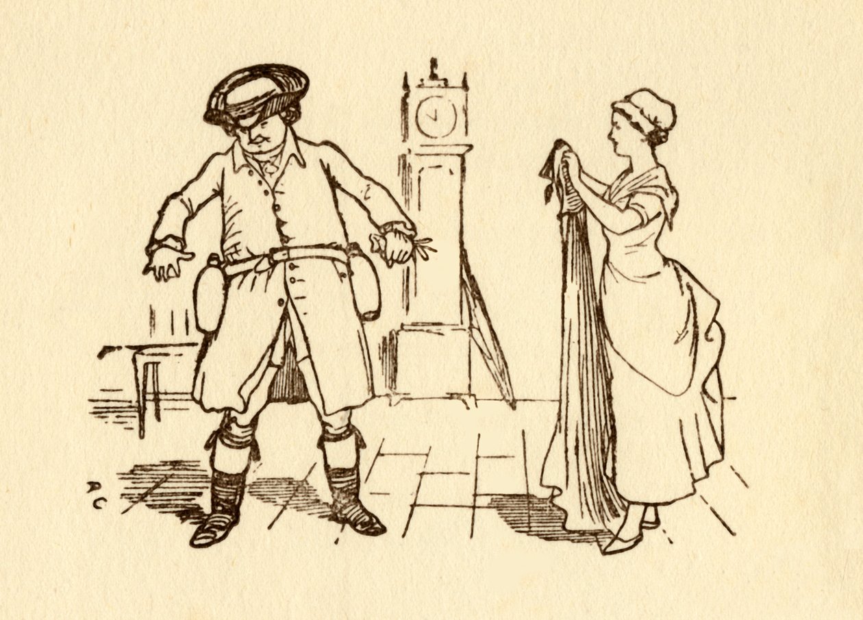 John Gilpin przyczepia do paska butelki wina, 1878, c1918. autorstwa Randolph Caldecott