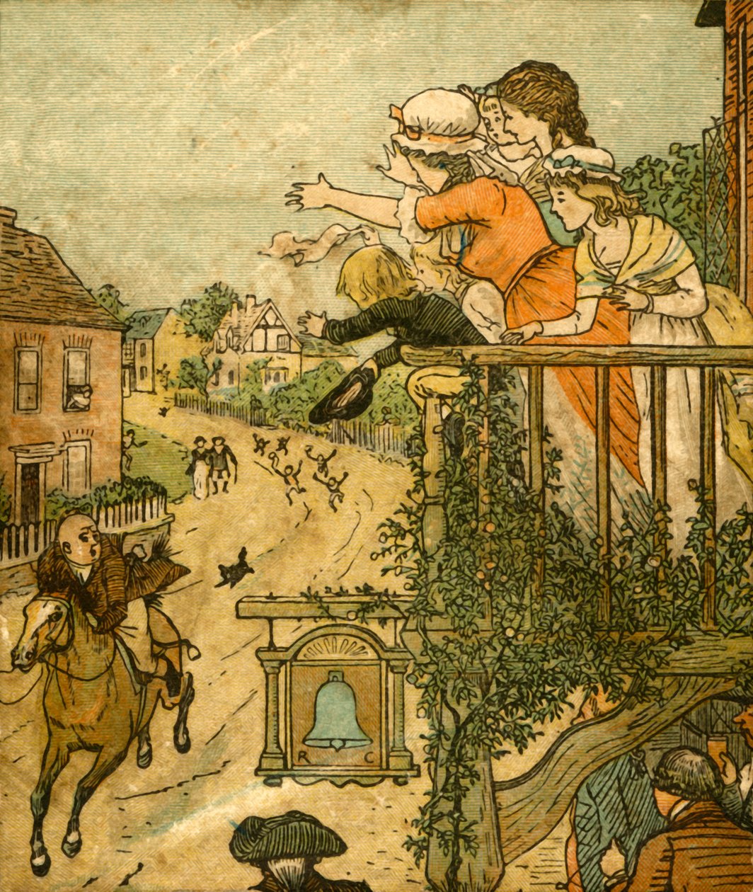 John Gilpin galopuje obok Bell Inn, gdy jego żona i dzieci machają z balkonu, 1878, c1918. autorstwa Randolph Caldecott
