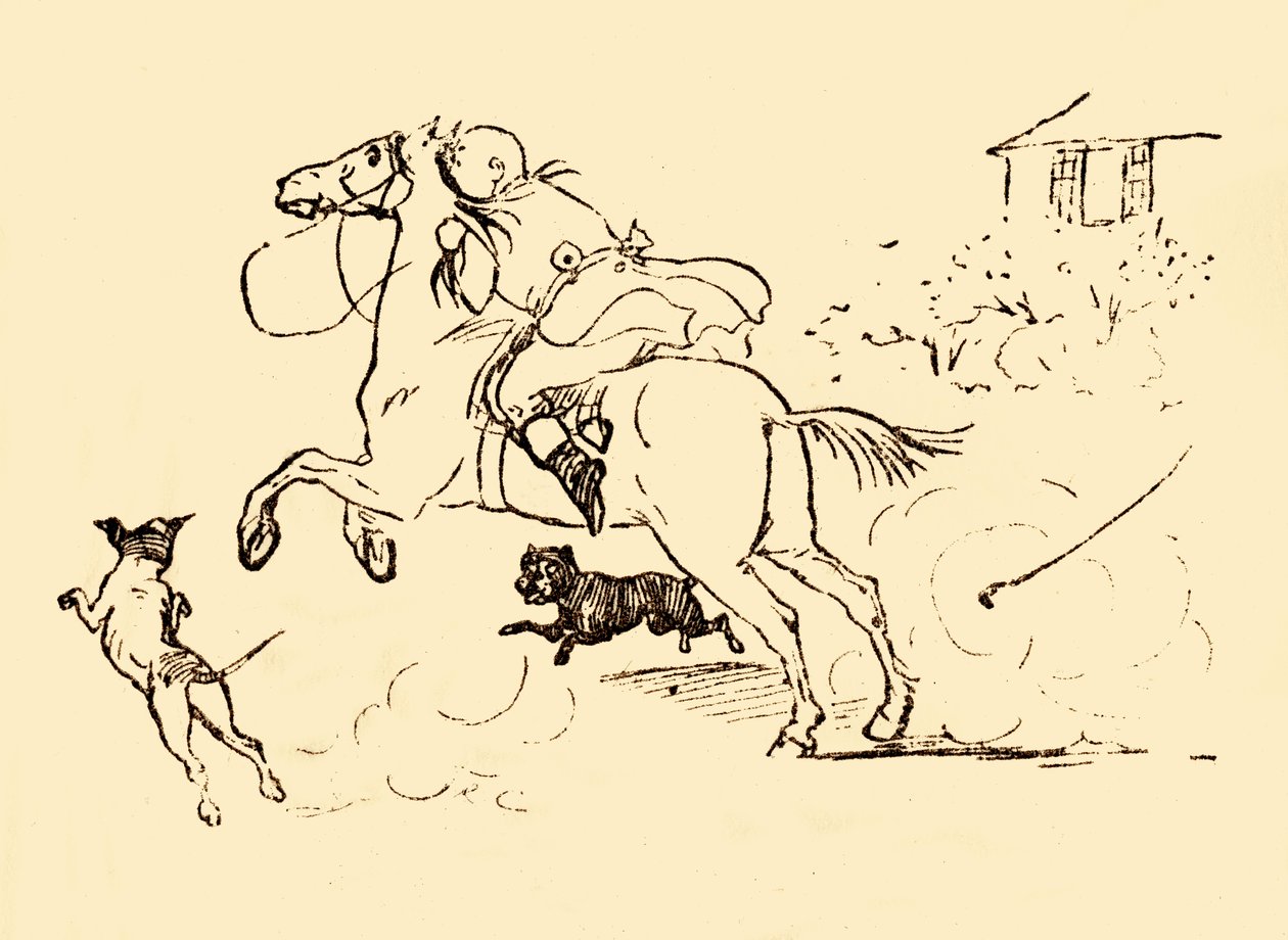 John Gilpin jest ścigany przez psy, gdy jego koń wymyka się spod kontroli, 1878, c1918. autorstwa Randolph Caldecott