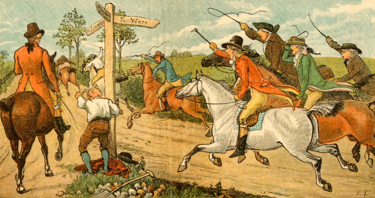 John Gilpin na swoim miotającym się koniu ścigany przez przechodniów, 1878, c1918. autorstwa Randolph Caldecott