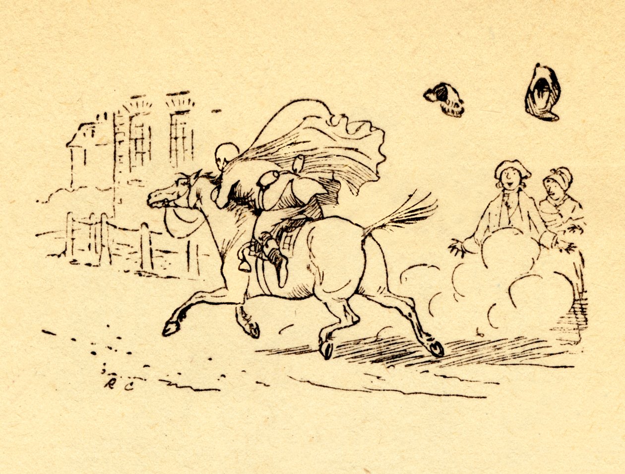 John Gilpins bełtuje do konia, a jego kapelusz i peruka zdmuchną, 1878, c1918. autorstwa Randolph Caldecott