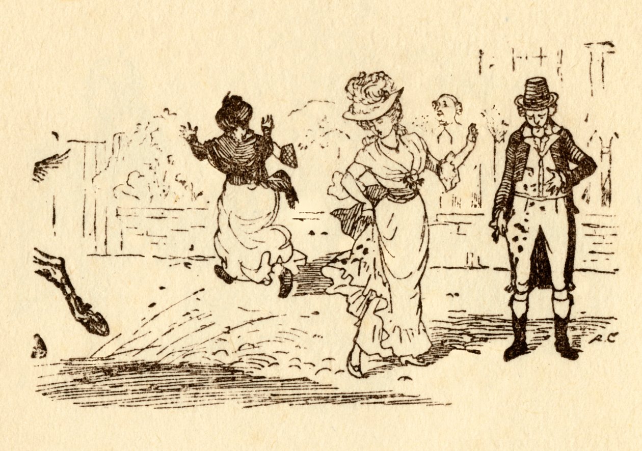 Koń Johna Gilpinsa rozpryskuje błoto na kobiecej sukience, 1878, c1918. autorstwa Randolph Caldecott
