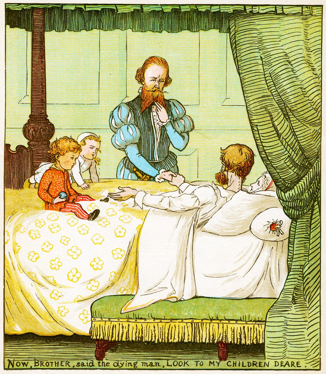 „Teraz bracie, powiedział umierający, spójrz na moje dzieci drogie”, ilustracja z „Babs in the wood” autorstwa Randolph Caldecott