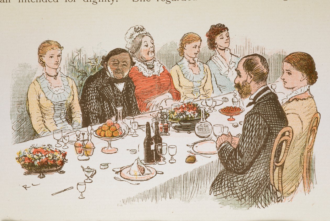 Ludzie siedzący przy stole. autorstwa Randolph Caldecott