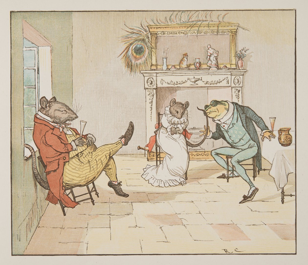 „Módl się, panie żabo, czy dasz nam piosenkę?”, z książki z obrazkami Hey Diddle Diddle, wyd. 1882 (kolor grawerowany) autorstwa Randolph Caldecott