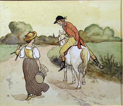 „Pójdę z tobą, moja Śliczna Panno?”, ilustracja z „Mleczarki” (akwarela na papierze) autorstwa Randolph Caldecott