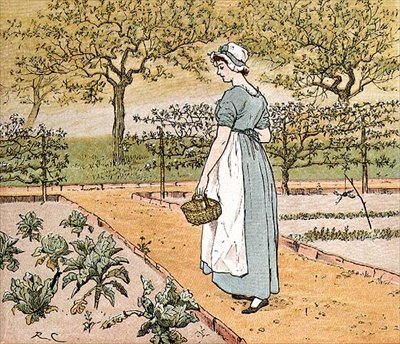 „Poszła do ogrodu pociąć liść kapusty na szarlotkę”, ilustracja z „Sam Wielki Panjandrum” (kolorowa grawerunek) autorstwa Randolph Caldecott