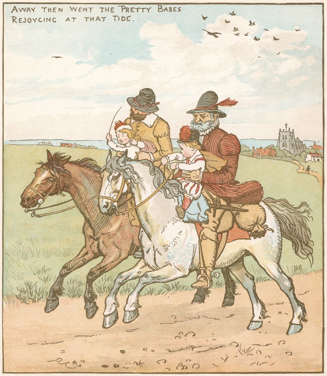 Niemowlaki (lub dzieci) w lesie. Osierocone niemowlęta zabrane na śmierć przez łotrów wynajętych przez niegodziwego wujka. Ilustracja Randolpha Caldecotta (1846-86) do ballady z ok. 1600 roku. autorstwa Randolph Caldecott
