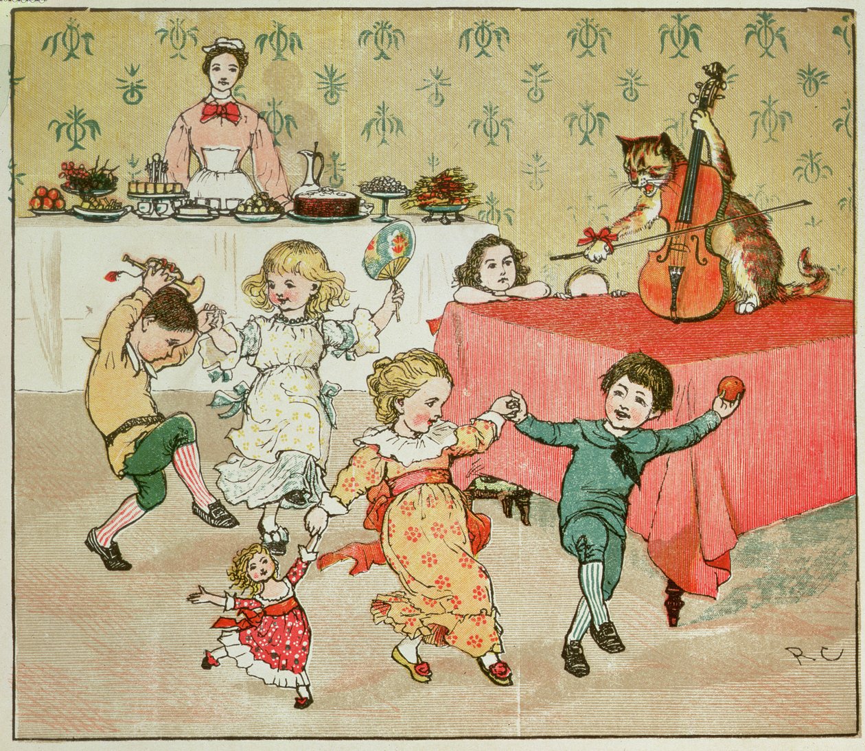 Ilustracja Kot i skrzypce oraz impreza dziecięca z Hey Diddle Diddle autorstwa Randolph Caldecott