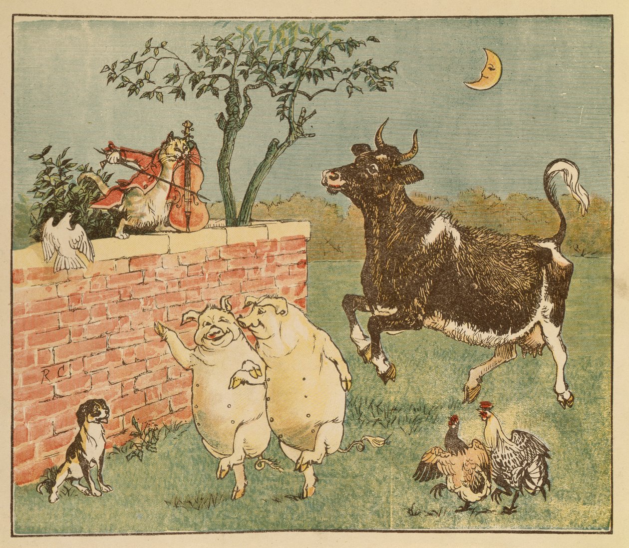 Kot, skrzypce i krowa – ilustracje z filmu Hey Diddle Diddle autorstwa Randolph Caldecott