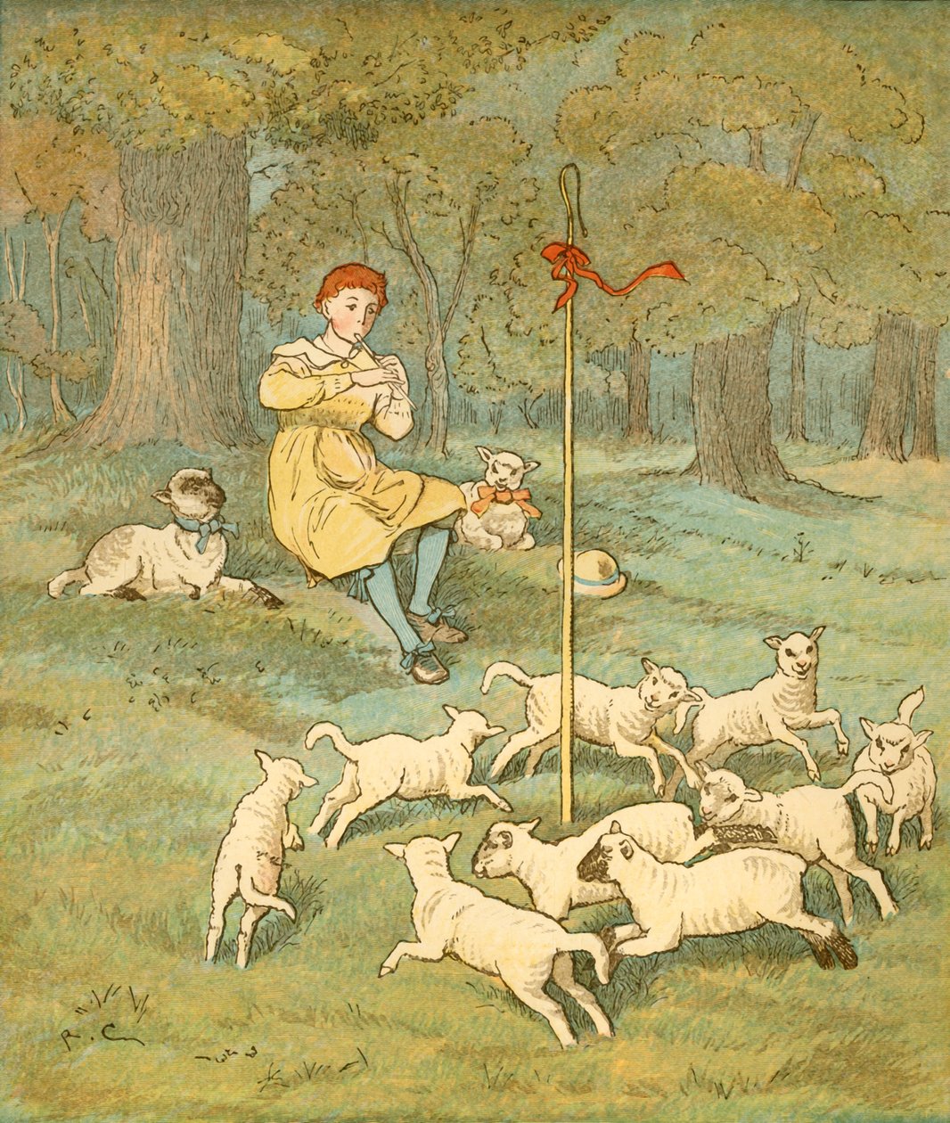 Rolnik gra na swojej fajce, podczas gdy owce tańczą wokół jego pasterzy, ok. 1881 r. autorstwa Randolph Caldecott