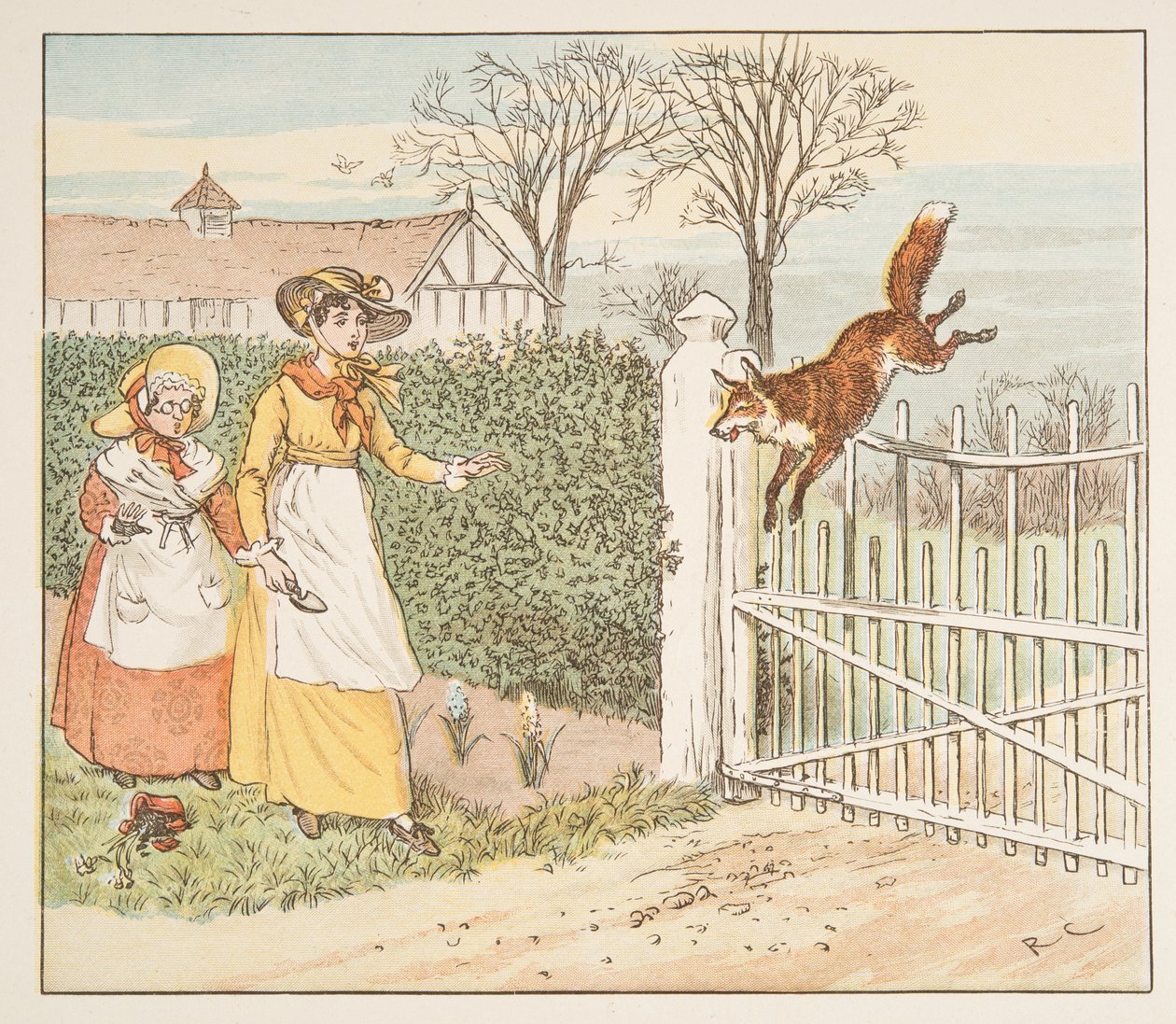 Lis przeskakuje przez bramę proboszcza, z Księgi obrazkowej Hey Diddle Diddle, wyd. 1882 (kolor grawerowany) autorstwa Randolph Caldecott