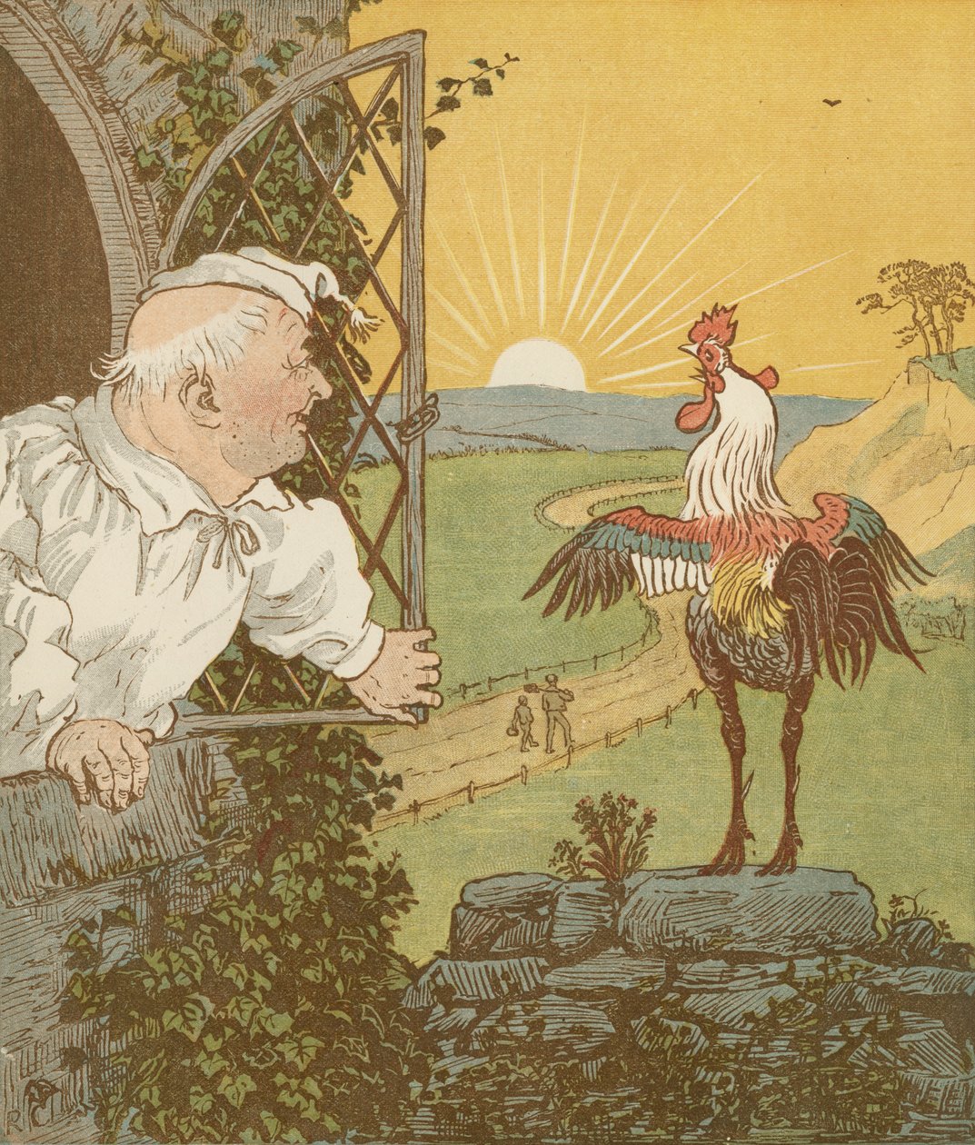 Dom, który zbudował Jack, akumulacyjna rymowanka. To jest kogut, który zapiał rano... Ilustracja autorstwa Randolpha Caldecotta. autorstwa Randolph Caldecott
