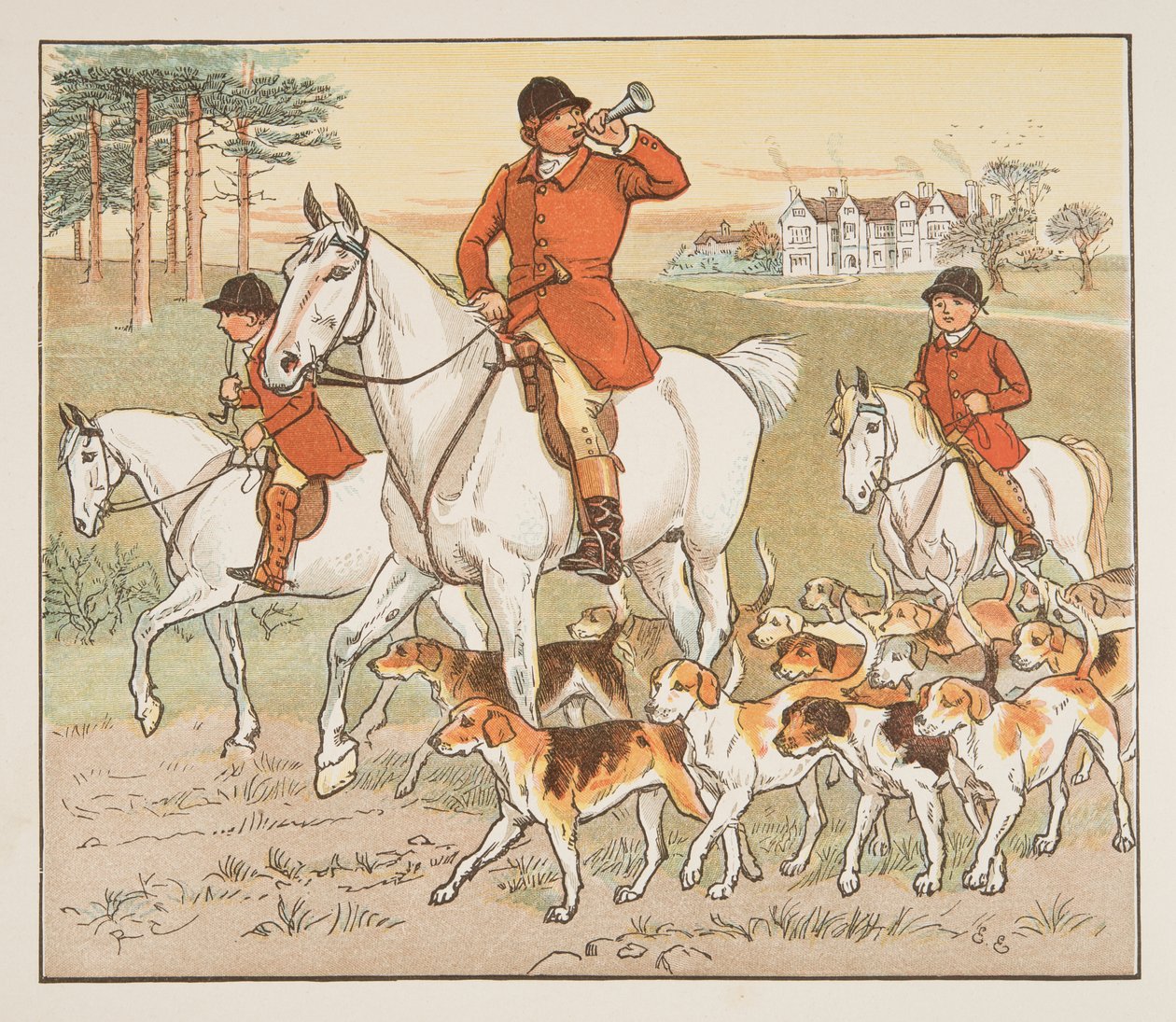 Łowca dmucha w róg, z książki z obrazkami Hey Diddle Diddle, wyd. 1882 (kolor grawerowany) autorstwa Randolph Caldecott