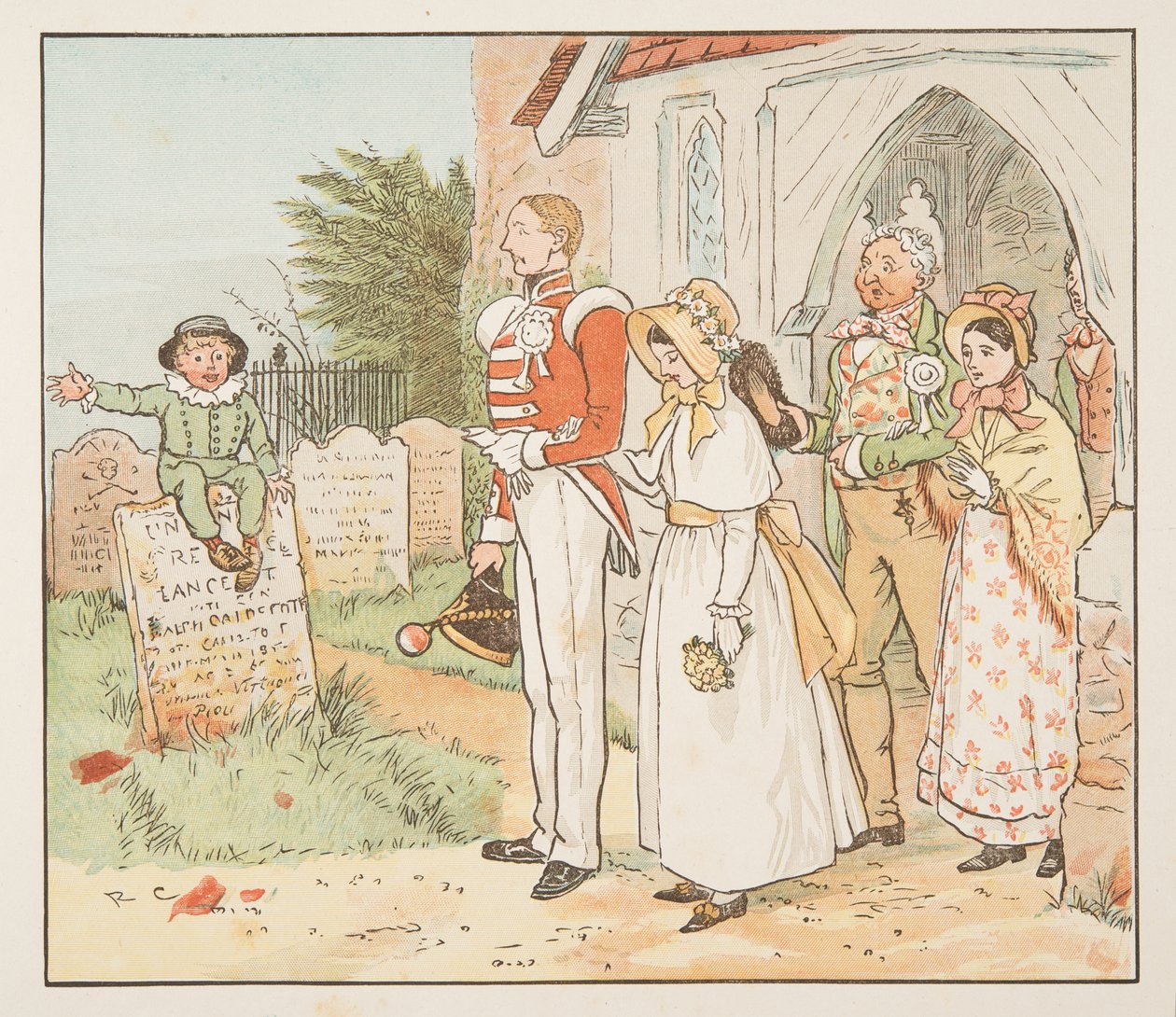 Żołnierz i jego narzeczona, z Książki obrazkowej Hey Diddle Diddle, wyd. 1882 (kolor grawerowany) autorstwa Randolph Caldecott