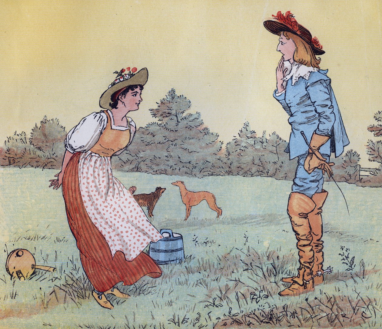 W takim razie nie mogę się z tobą ożenić, moja Śliczna Dziewico! Ilustracja autorstwa Randolpha Caldecotta do rymowanki „Mleczarka”. autorstwa Randolph Caldecott