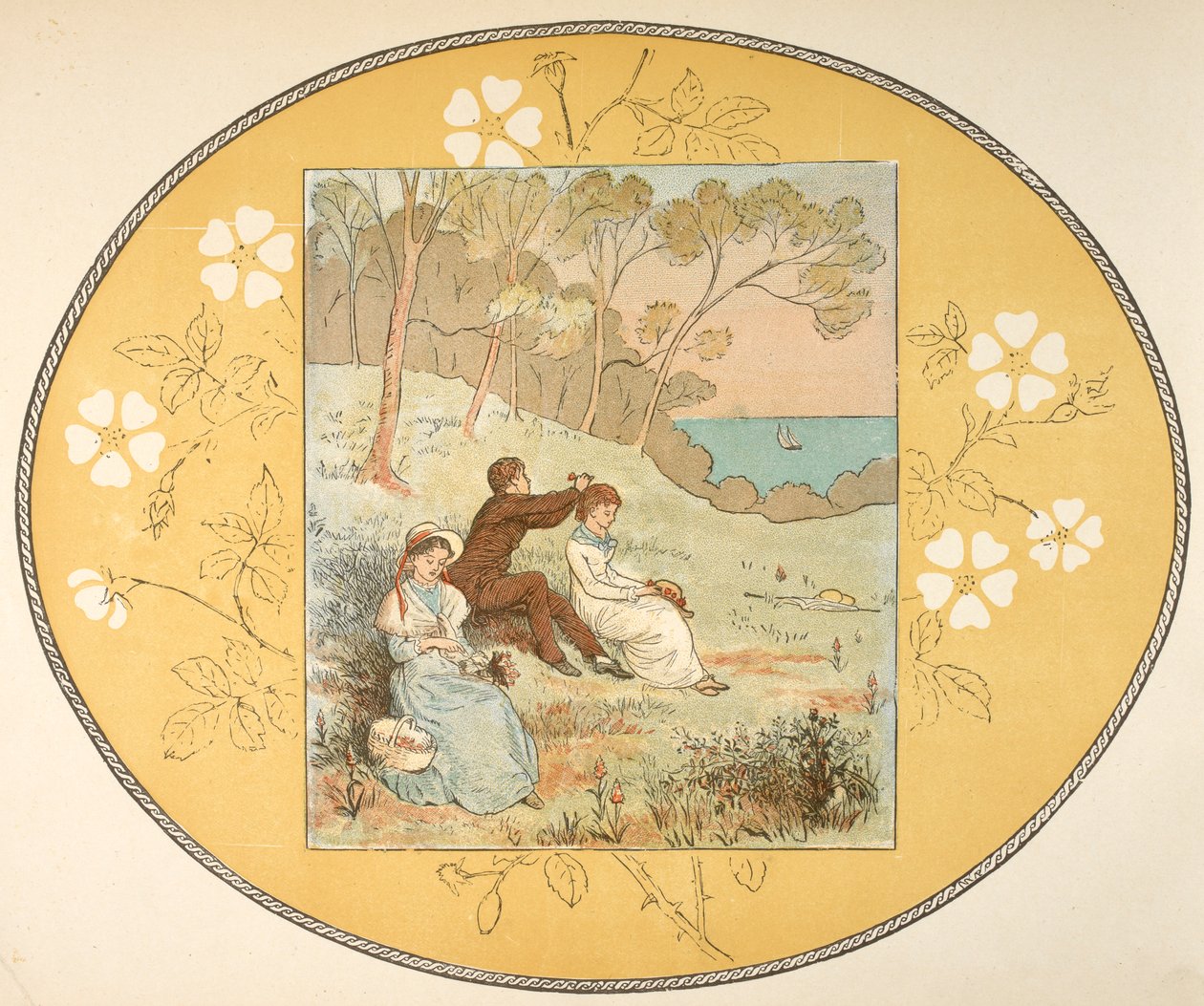 Dwie kobiety i mężczyzna siedzący na polanie niedaleko wybrzeża. Granica kwiatowy. autorstwa Randolph Caldecott