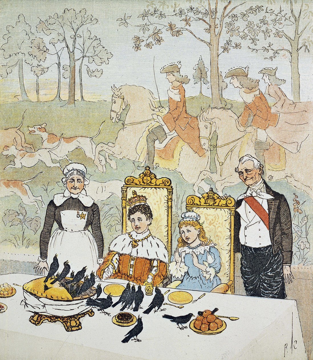 Król i królowa siedzieli przy stole w otoczeniu służby, za nimi scena polowania. Tablica 14 z „Księgi obrazkowej” Randolpha Caldecotta (1846-1886). 1879. The British Library Institution Numer referencyjny: Shelfmark ID: 12805.s.17 Król i Q autorstwa Randolph Caldecott