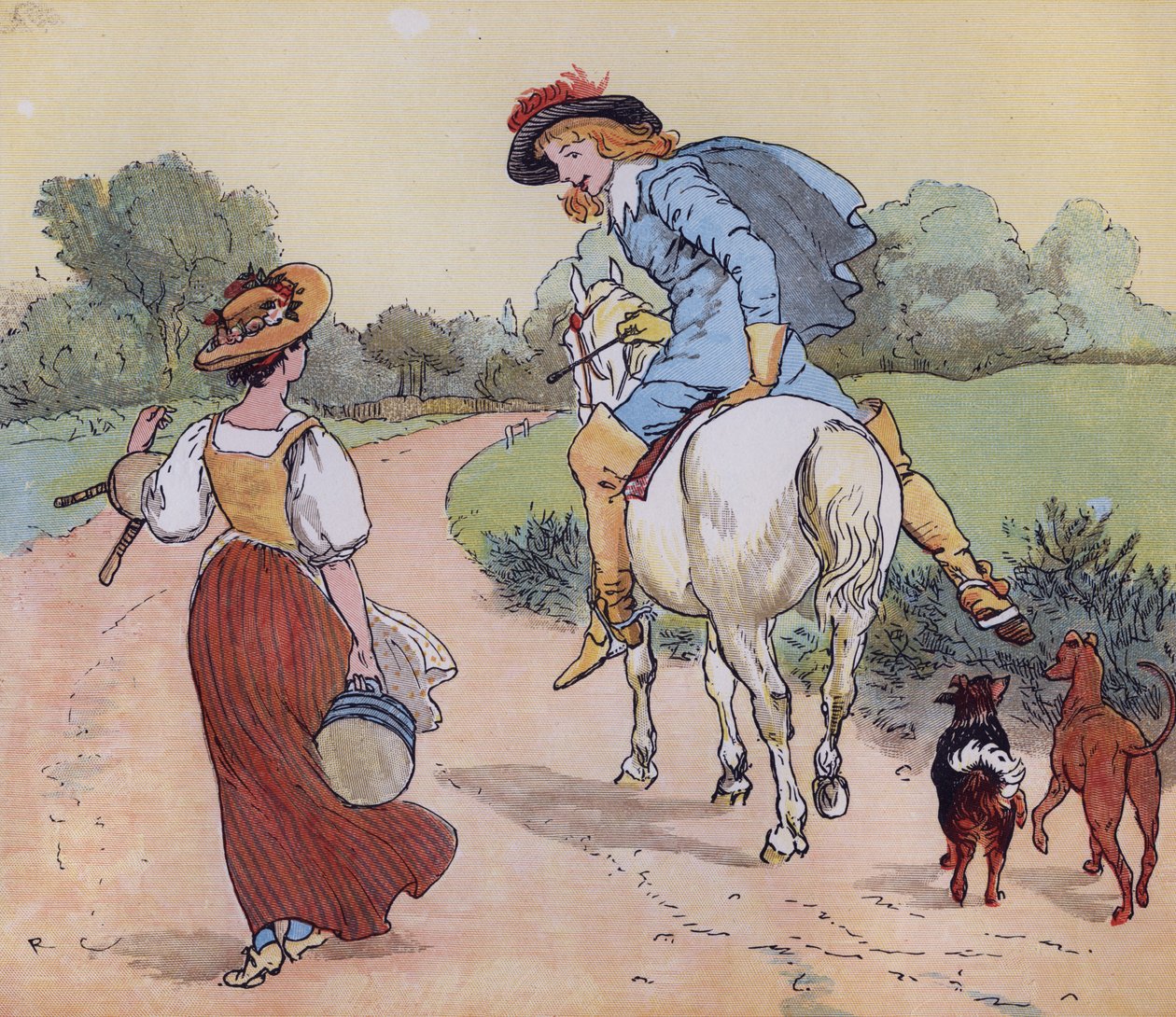 Dokąd idziesz, moja Śliczna Panno? Ilustracja autorstwa Randolpha Caldecotta do rymowanki „Mleczarka”. autorstwa Randolph Caldecott