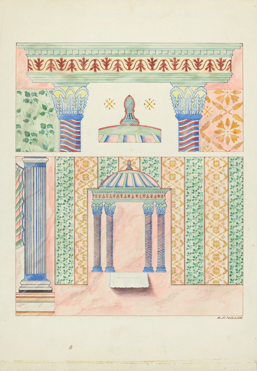Szczegóły malowideł ściennych, boczna ściana sanktuarium autorstwa Randolph F. Miller