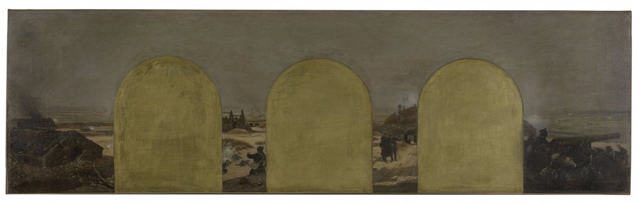 Szkic dla gabinetu prefekta paryskiego ratusza: Bateria na wałach: Oblężenie Paryża w 1870 roku autorstwa Raoul Joseph Arus