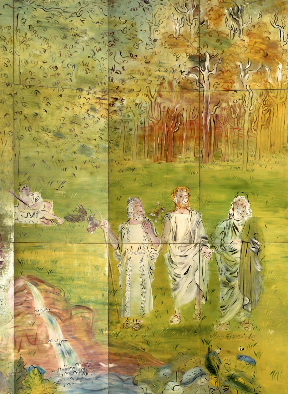 Archimedes (287-212 p.n.e.), Tales (625-547 p.n.e.) i Arystoteles (384-322 p.n.e.) z filmu "La Fee Electricite". autorstwa Raoul Dufy